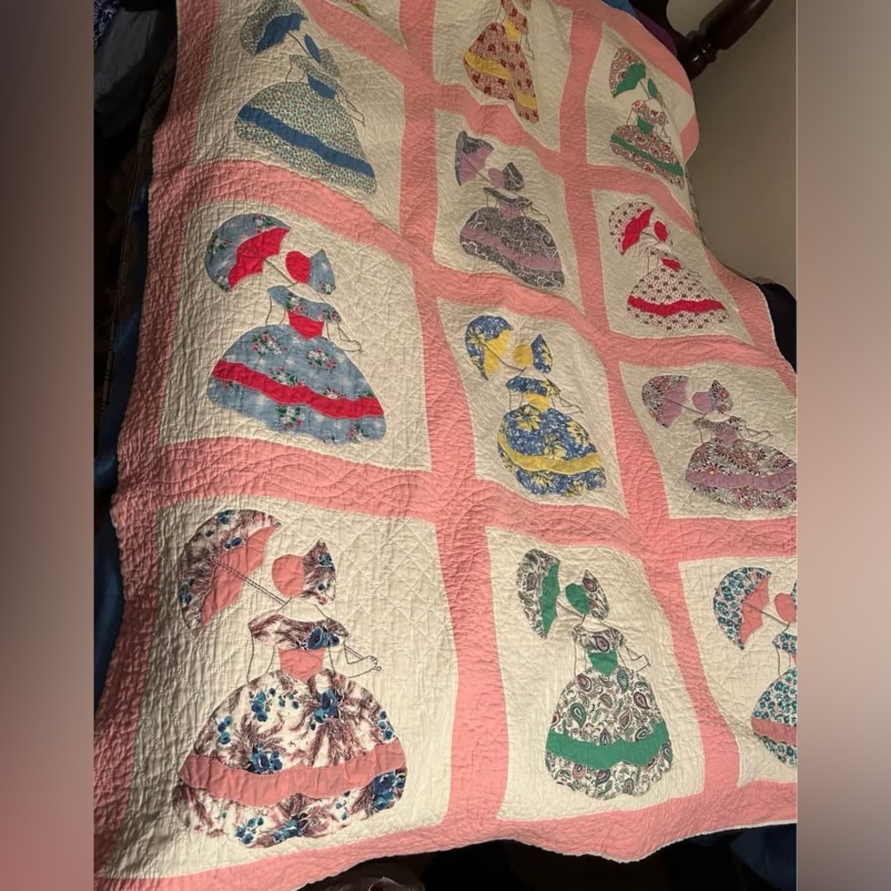 Homemade patchwork hand stitched quilt, 80”x62”, ladies holding the parasol
